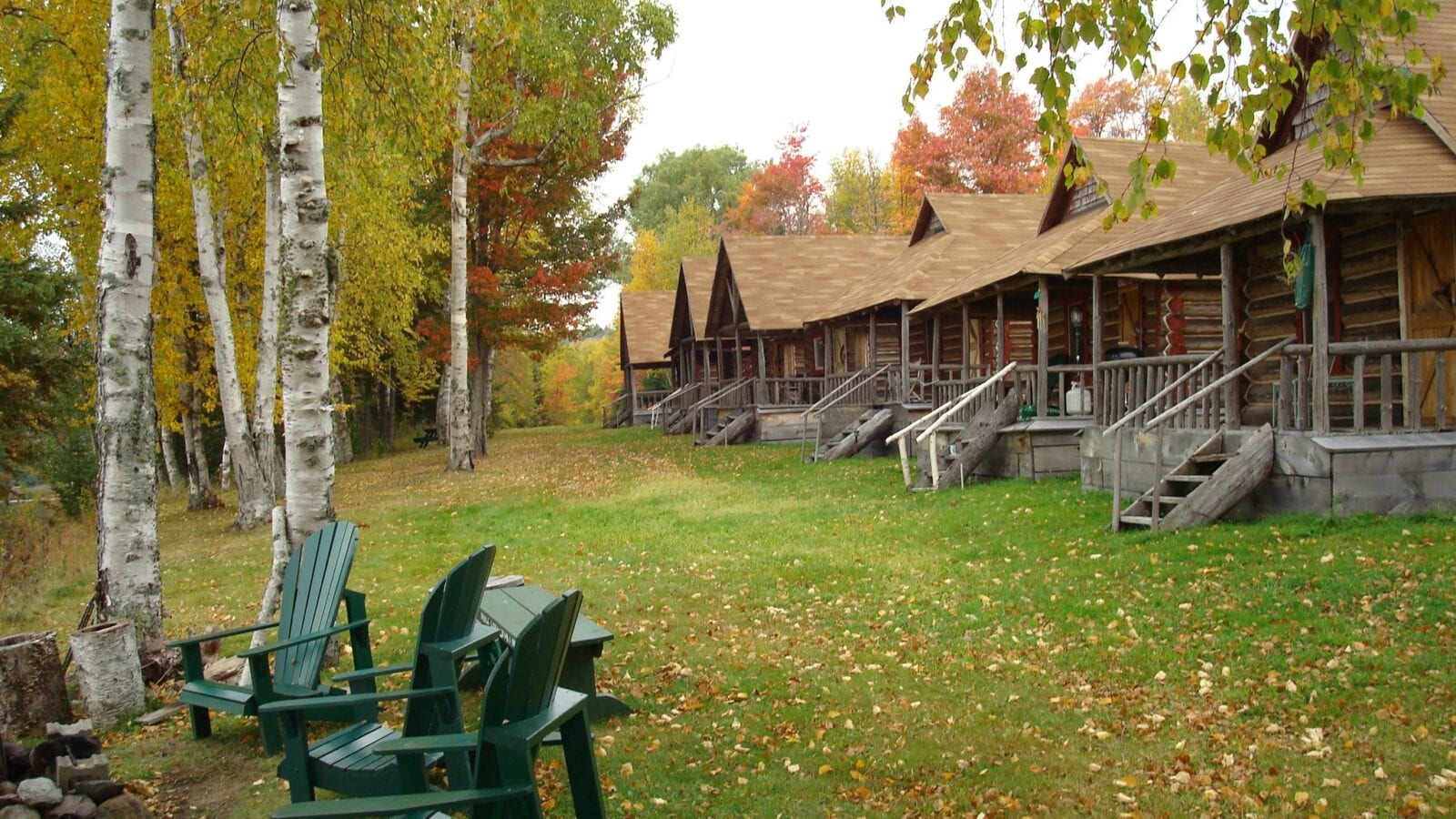 photo of six cabins in forest and outdoor seating area in autumn